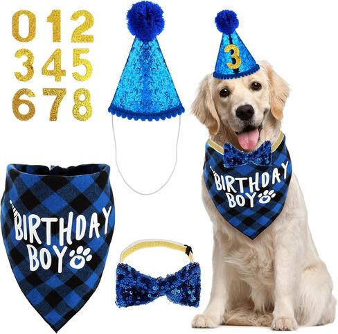 Dog Birthday Party Supplies, Birthday Boy Dog Bandana Set Birthday Hat with Numbers Dog Bow Tie for Small Medium Large Dogs Pets (XL Bandana) in Saudi Arabia