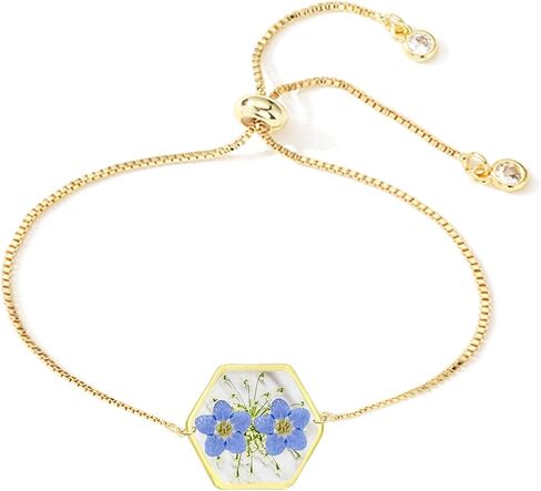 Forget-Me-Not and Queen Anne's Lace Pressed Flower Bracelet| 14k Gold Pressed Flower Handmade Bracelets| bracelet with White Stone| Real Alaska State Wildflower Pressed flower jewelry Gifts for Her in Saudi Arabia