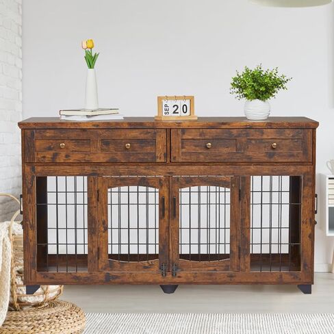 Dog Crate Furniture with Drawers,58in Wooden Dog Kennel Tv Stand,Furniture Style Dog Crate End Table with Storage,2 Room Dog Crate for Large Breeds Gray in Saudi Arabia
