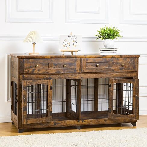 Dog Crate Furniture with Drawers,58in Wooden Dog Kennel Tv Stand,Furniture Style Dog Crate End Table with Storage,2 Room Dog Crate for Large Breeds Gray in Saudi Arabia