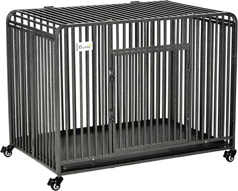 PawHut Foldable Heavy Duty Dog Cage, Chew Proof Dog Crate on Wheels, Portable Dog Crate Kennel with Removable Tray, Large and Medium Pups, 43" in Saudi Arabia