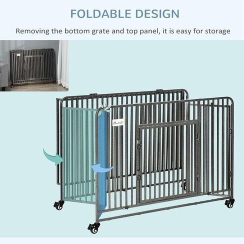 PawHut Foldable Heavy Duty Dog Cage, Chew Proof Dog Crate on Wheels, Portable Dog Crate Kennel with Removable Tray, Large and Medium Pups, 43" in Saudi Arabia