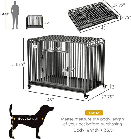 PawHut Foldable Heavy Duty Dog Cage, Chew Proof Dog Crate on Wheels, Portable Dog Crate Kennel with Removable Tray, Large and Medium Pups, 43" in Saudi Arabia