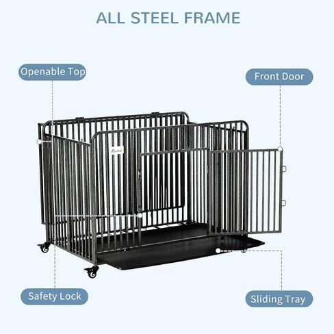 PawHut Foldable Heavy Duty Dog Cage, Chew Proof Dog Crate on Wheels, Portable Dog Crate Kennel with Removable Tray, Large and Medium Pups, 43" in Saudi Arabia