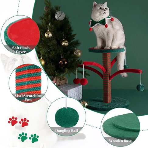 Cat Tree, Cat Scratching Post for Indoor Cats, Christmas, Cat Tower with Platform, 4 Interactive Dangling Ball, Sisal Scratching Poles for Cats Play Rest in Kuwait