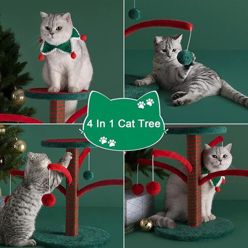 Cat Tree, Cat Scratching Post for Indoor Cats, Christmas, Cat Tower with Platform, 4 Interactive Dangling Ball, Sisal Scratching Poles for Cats Play Rest in Kuwait