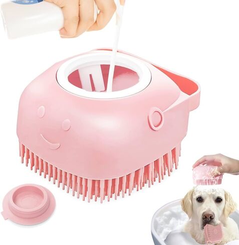 Dropshipping Soft Safe Silicone Pet Bathroom Massage Cleaning Grooming Tools Dog Cat Bath Brush with Shampoo Box (Pink), Small in Saudi Arabia