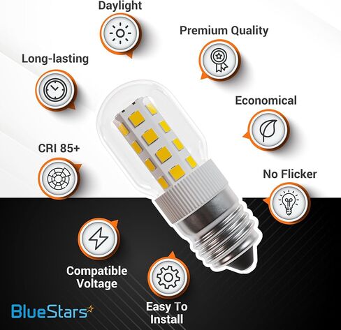 لمبة الميكروويف BlueStars 3W E17 Base 8206232A لمبة إضاءة LED قابلة للتعتيم، 3000K أبيض دافئ، يساوي 40W ساطع، 75V-130V، 240 لومن للثلاجة والميكروويف وغطاء المطبخ - حزمة من 3 in Saudi Arabia