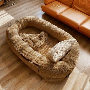 Giant Human Dog Bed for Adult and Pets Ultimate Comfort Washable Faux Fur Fluffy Large Dog Lounger Couch Bed with Soft Blanket Throw Pillow Anti-Slip Nap Bed in Kuwait