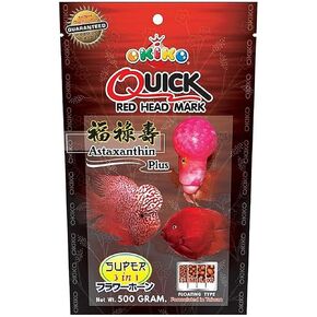 OKIKO Flowerhorn Fish Food Floating Pellets Large 2.5 MM Head Up Quickly Huncher Formula High Protein Tropical Fish Feed Astaxanthin Plus Color Enhancing Healthy Fast Growth (17.63 oz - Red)
