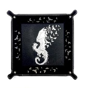 Dragon Crows Dice Tray DnD, Vegan Leather, Gift, Made by LaserTavern (Black/Silver)