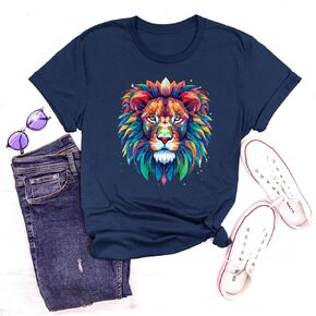 Lion Shirt, Animal T-Shirt, Animal Lover Unisex Tee, Colorful Lion Art Shirt, Animal Face Shirt, Zoo Shirt (L, Navy Blue)