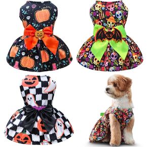 3 Pcs Dog Halloween Dress Sets Funny Pumpkin Ghost Skeleton Halloween Costumes for Dogs Funny Halloween Puppy Dress with Bow for Small Dogs (Small)