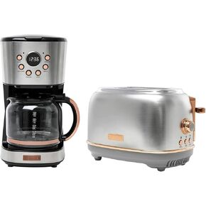 HADEN Heritage 12 Cup Programmable Retro Coffee Maker Machine Bundled with 2 Slice Wide Slot Toaster with Removable Crumb Tray, Steel/Copper