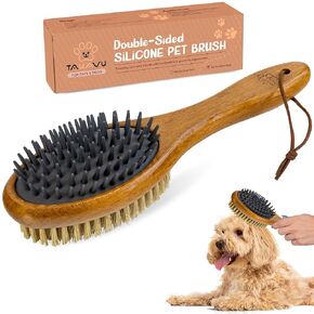 Pet Grooming Brush, Double-Sided Silicone & Bristle Brush for Short Hair Brushing, Ideal for Detangling Deshedding Massage Pet Skin, Pet Supplies Comb with Wood Handle for Pitbulls Yorkies Poodles Tzu