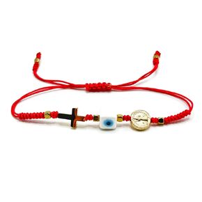 St Benedict Medal Adjustable Lucky Protection Red String Bracelet Evil Eye Gold Plated Cross