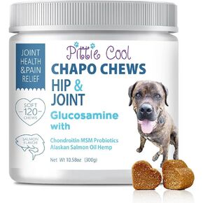 Chapo Chews, 120 Glucosamine Hip & Joint Supplement for Dogs, Extra Strength, Chondroitin, MSM, Probiotics, Hemp & Salmon Oil. Treats Arthritis, Pain & Inflammation, Mobility, Gut Health