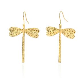 Handmade Hammered Dragonfly Dangling Earrings for Women, Gold Plated Cool Punk Vivid Insect Hook Earrings