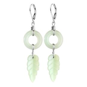 Natural Green Safety Buckle Jade with Leaf Dangle Earrings,Silver Dainty Gemstone Drop Earrings,Green Quartz Crystal Statement Earrings for Women (A02_Dark Green Jade)