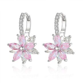 Light Pink Crystal Earrings Dangling for Women Teen Girls, Mauve Baby Blush Pink Flower Dangle Huggie Hoop Earrings, 18K White Gold Plated Cubic Zirconia Cherry Blossom Drop Earrings