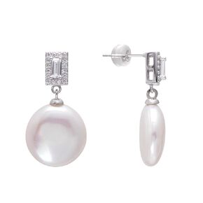 12-13 MM Freshwater Cultured Round Coin Pearls Dangle Sterling silver CZ Earrings for Women