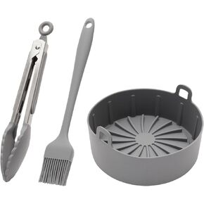 Juvale 4-Piece Set Silicone Pot Basket with Handles, Brush, Tongs for Air Fryer Liner (6.3 In, Gray)