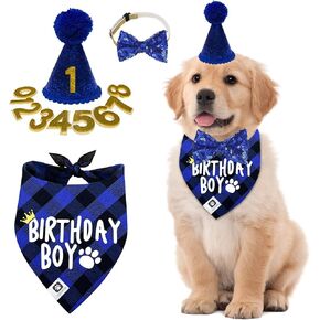 Dog Birthday Decorations, Dog Headscarves, Dog Birthday Outfit,Dog Party Supplies,Dog First Birthday,Dog Birthday Hats with Numbers,Puppy Birthday,Puppy Birthday Decorations(blue).