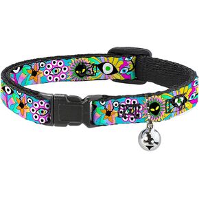 Buckle-Down Funky Alien Flowers, Breakaway Cat Collar with Bell, Plastic Clip, Easy Adjustable, 8.5 to 12"-0.5" wide