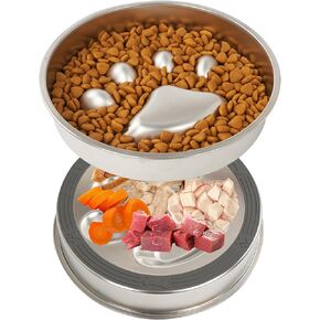 Slow Feeder Dog Bowls 2-4 Cups Food Grade 304 Stainless Steel 2-in-1 Non-Slip Dog Food Water Bowls for Small Medium Large Dogs Slows Down Pets Eating for Dry, Wet, or Raw Food