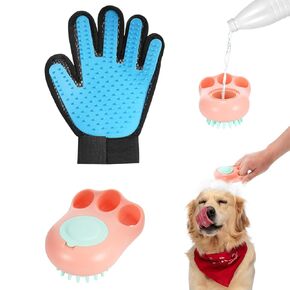 2Pcs Pet Bath Brush Scrubber Shampoo Dispenser Wash Brush, Pet Hair Grooming Remover Gloves, Soft Shower Soap Brush for Short & Long Haired Dogs and Cats Washing