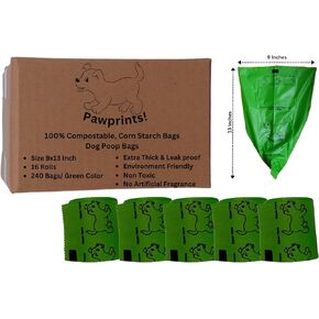 Compostable Dog Poop Bags 240 Green Color Size 9"x13" Bags