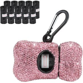 Dog Poop Pickup Bags Holder Dispenser with 10 Roll 150 Bags Random Color Leak-proof Scented Bling Crystal Doggy Waste Bags and Carabiner,White
