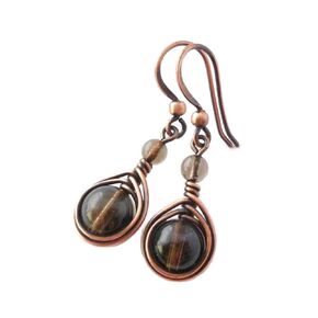 Handcrafted Solid Copper Earrings with Smoky Quartz Gemstone (Antiqued Copper, 1" drop)