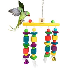 Large Bird Parrot Chewing Toy - Multicolored Natural Wooden Blocks Bird Parrot Tearing Toys for Large Medium Birds Macaws African Grey Cockatoos and a Variety of Amazon Parrots(15.6" X 7.8")