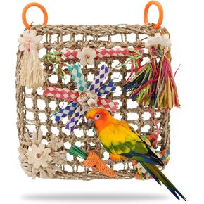 Hypeety Bird Toys Parrot Foraging Toys Bird Chew Toys Parakeet Shredding Seagrass Climbing Mat with Various Toys for Conure, Cockatiel, Lovebird, Parakeet, Budgie (M(Solla Ball))
