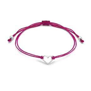Fuchsia Pink Womens Friendship Bracelet, Small Sterling Silver 925 Open Heart Shaped Charm, Pull Adjustable Thread Kindred Cord, Handmade by Claudia Lira. Perfect Small Gift