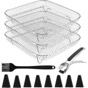 8 Inch Square Air Fryer Rack, Set of 3 Stackable Stainless Steel Dehydrator Rack, Square Racks Air Fryer Accessories for Cosori, Instant Vortex, Nuwave Air Fryer, Ninja Foodi Grill (13Pcs)