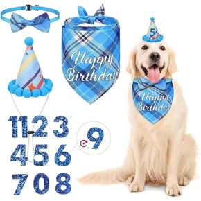 Dog Birthday Party Supplies, Dog Birthday Bandana Set, Boy Girl Dog Birthday Hat with Numbers, Birthday Bow Tie, Dog Birthday Decorations (Blue)