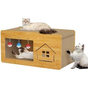 Cat Scratch House, Cat Scratch Board, 2 in 1 Corrugated Cardboard, Cat Scratching Pad Procect Furniture, with 3 Bells to Rest, Grind and Play (XL 24 * 12 * 12")