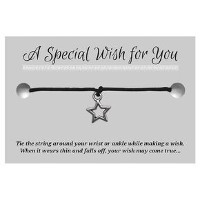Star Charm Black Hemp Wish Bracelet - Silver Tone Charm on Printed Card - Up to 12 inches - Unisex