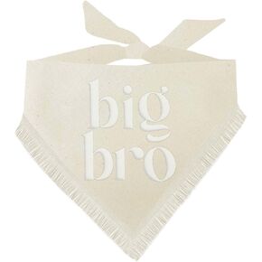 Big Bro Brother Baby Announcement Natural Dog Bandana with Puff Print and Boho Fringe (Natural, Puff 30, Trim 1)