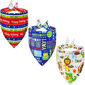 Happy Birthday Reversible Dog Bandanas Adjustable Triangle Bibs Scarf for Dogs Puppy Beautiful Birthday Costume Animals & Letters Pattern Bandanas Fits Medium to Large Dogs (3PCS)