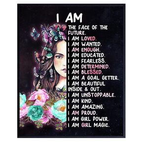Tween Girl Inspirational Wall Art 11x14 - I Am - Teen Girl Room Decor - Motivational poster for Little Girl Bedroom Decor - positive affirmation Wall Decor - Quotes for Girl Room Decor - Unframed