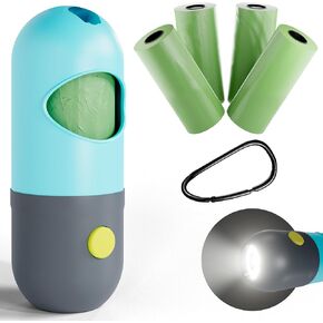 Dog Poop Bag Dispenser with 4 Rolls of 15 Bags in Each. 60 bags Green Dog Poop Bag Holder with Flashlight for Leash. Dog Bag Dispenser with Carabiner Clip. Poop Bags Holder for Walking