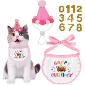 Cat Birthday Party Supplies, Girl Cat Birthday Hat with Numbers Birthday Cat Bandana Pet Birthday Decorations for Cat Kitten Birthday Outfits (Pink)