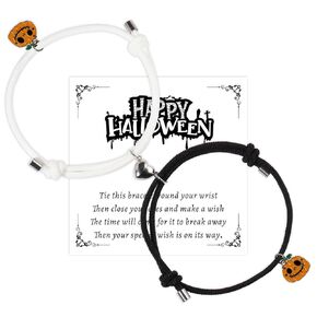 Cute Halloween Magnetic Couple Matching Bracelet with Wish Card Adjustable Braide Rope Pumpkin Bat Bracelet 2PCS (Bat)