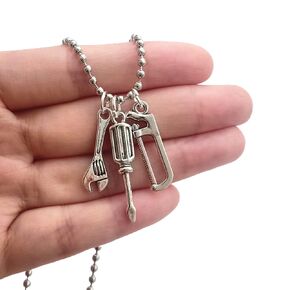Screwdriver and Wrench Necklace, Cool Tiny Saw 3D Tool Charm Pendant, Stainless Steel Ball Chain Long Necklace for Man Woman