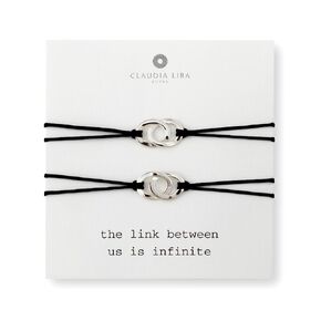 2 Piece Set Silver Double Oval Circle Link Charm Friendship Bracelets with Black Thread and Message Card, Perfect Jewelry Gift for Friend and Family, Adjustable Pull Thread Kindred Cord