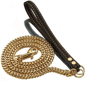 4ft Dog Leash Metal Long 18K Gold Chew Proof Indestructible Cool Best Leash Chain Link for Pet Durable Large with Leather Handle (2.9ft)