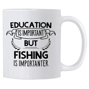 Funny Fishing Gifts. Education Is Important But Fishing Is Importanter 11 oz Coffee Mug for Dad or Grandpa. Novelty Fishing Gift idea for Fisherman or Retirement.